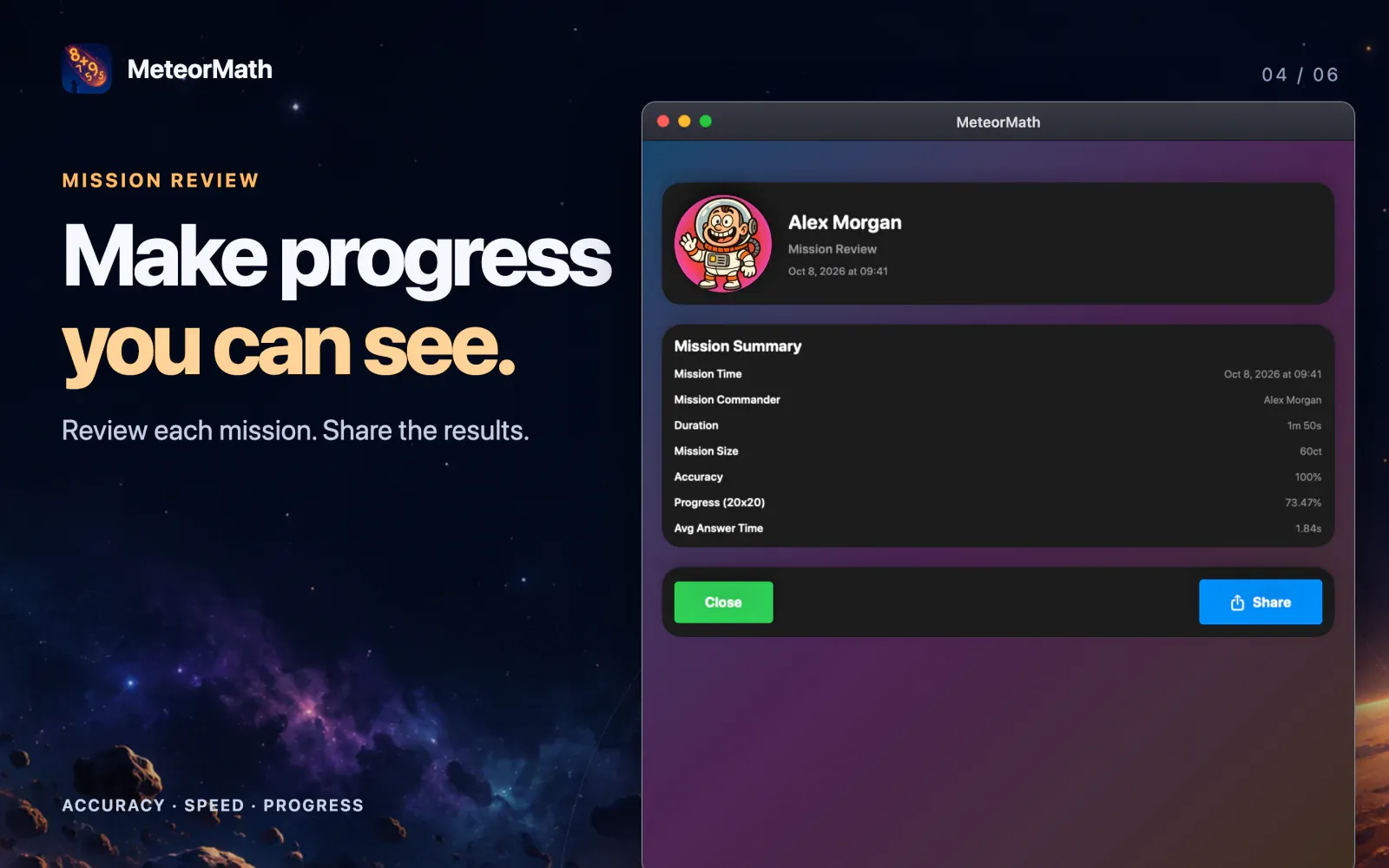 Mission review showing duration, accuracy, progress and average answer time