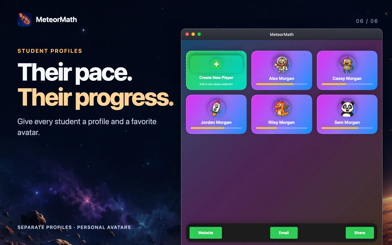 Student profiles, each with their own avatar and progress bar